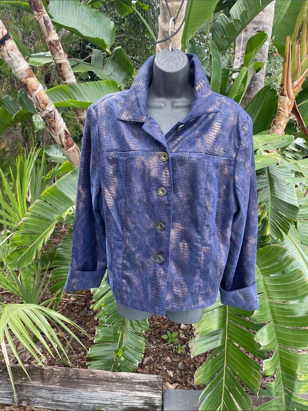 metallic copper and purple snake print jacket
